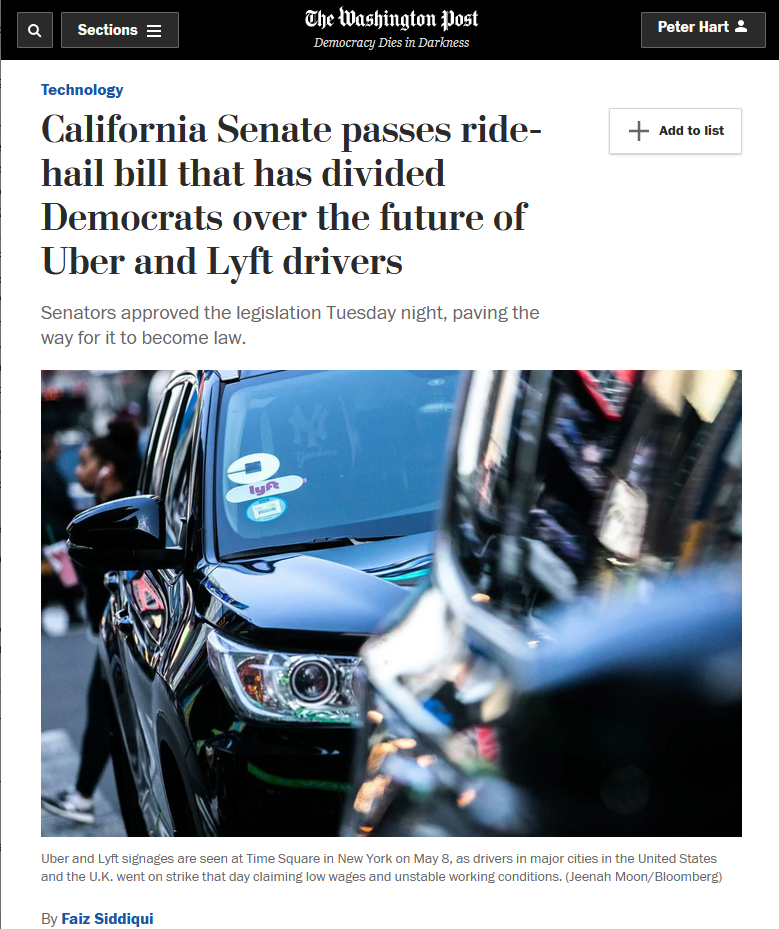WaPo: California Senate passes ride-hail bill that has divided Democrats over the future of Uber and Lyft drivers