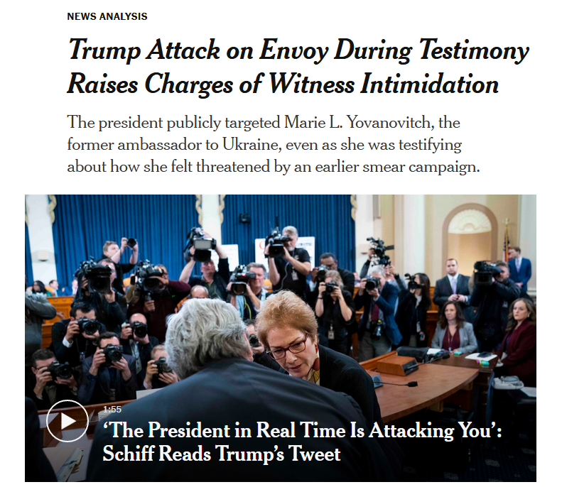 NYT: Trump Attack on Envoy During Testimony Raises Charges of Witness Intimidation