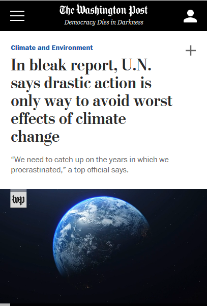 WaPo: In bleak report, U.N. says drastic action is only way to avoid worst effects of climate change