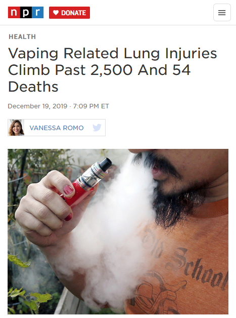 NPR: Vaping Related Lung Injuries Climb Past 2,500 And 54 Deaths