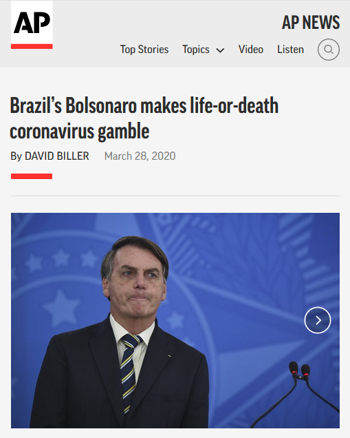 AP: Brazil’s Bolsonaro makes life-or-death coronavirus gamble