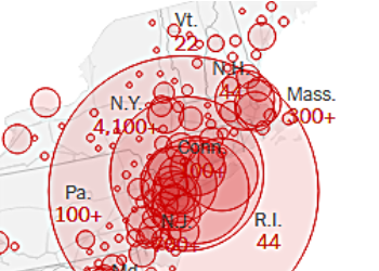 New York Times online map of Covid-19 outbreak, March 20 2020, 10:45 am