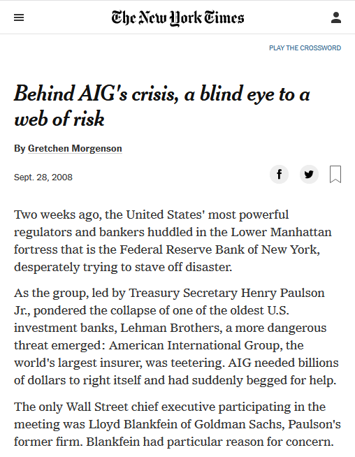 NYT: Behind AIG's crisis, a blind eye to a web of risk