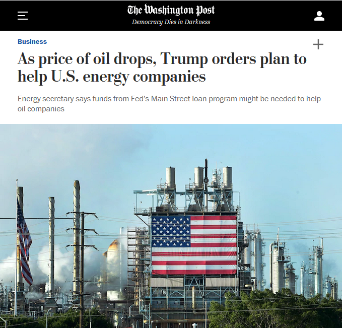 WaPo: As price of oil drops, Trump orders plan to help U.S. energy companies