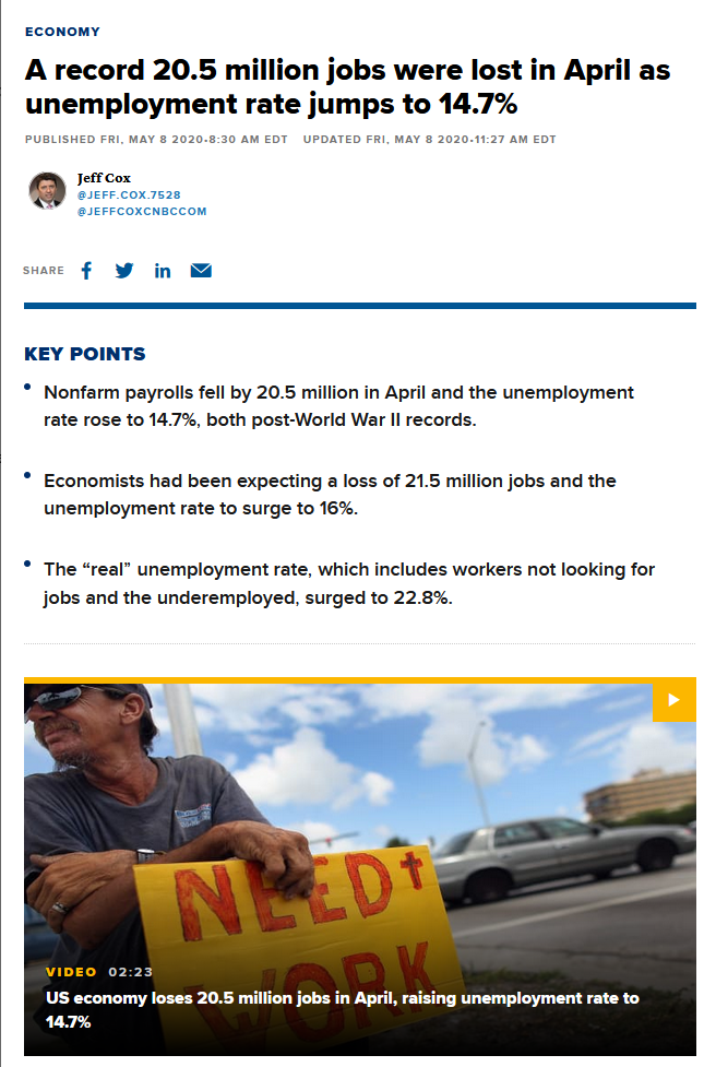 CNBC: A record 20.5 million jobs were lost in April as unemployment rate jumps to 14.7%