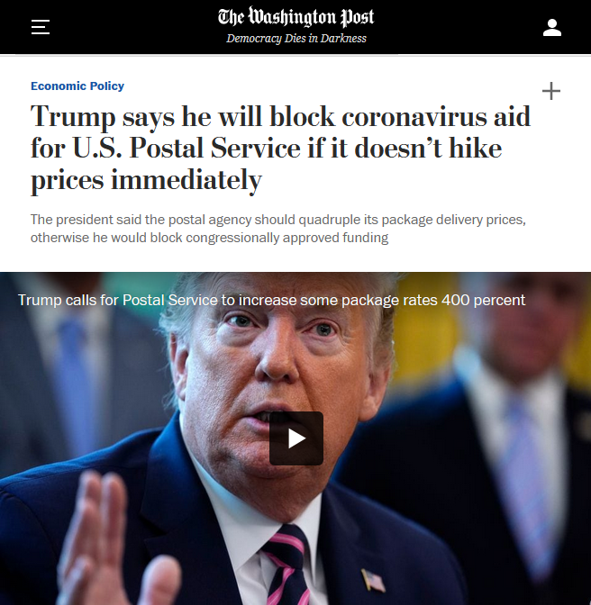 WaPo: Trump says he will block coronavirus aid for U.S. Postal Service if it doesn’t hike prices immediately