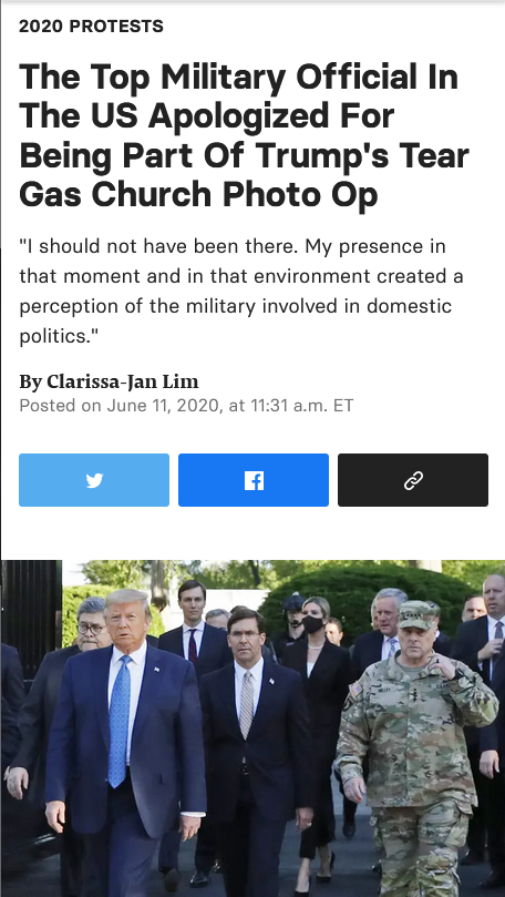 Buzzfeed: The Top Military Official In The US Apologized For Being Part Of Trump's Tear Gas Church Photo Op