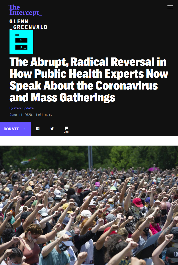 Intercept: The Abrupt, Radical Reversal in How Public Health Experts Now Speak About the Coronavirus and Mass Gatherings