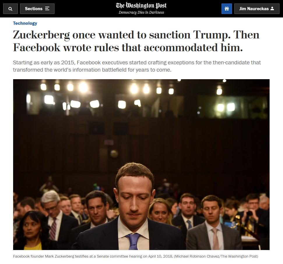 WaPo: Zuckerberg once wanted to sanction Trump. Then Facebook wrote rules that accommodated him.