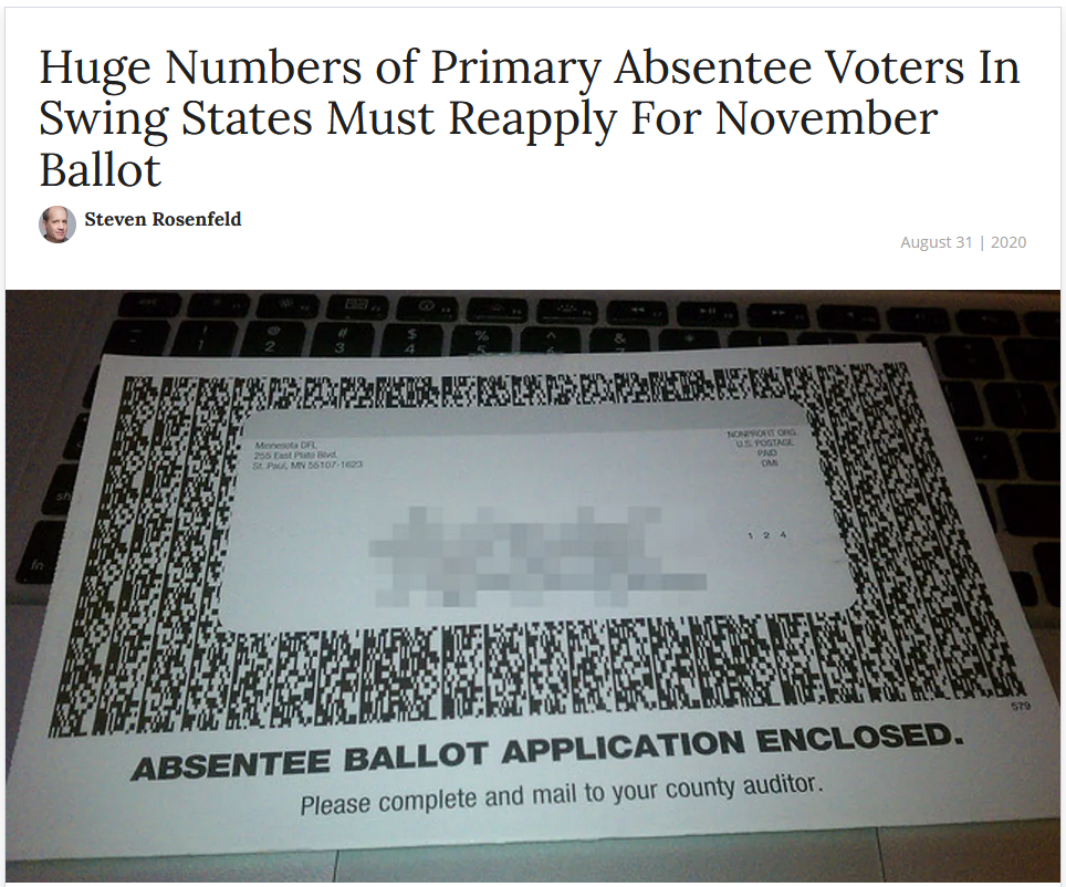 National Memo: Huge Numbers of Primary Absentee Voters In Swing States Must Reapply For November Ballot 