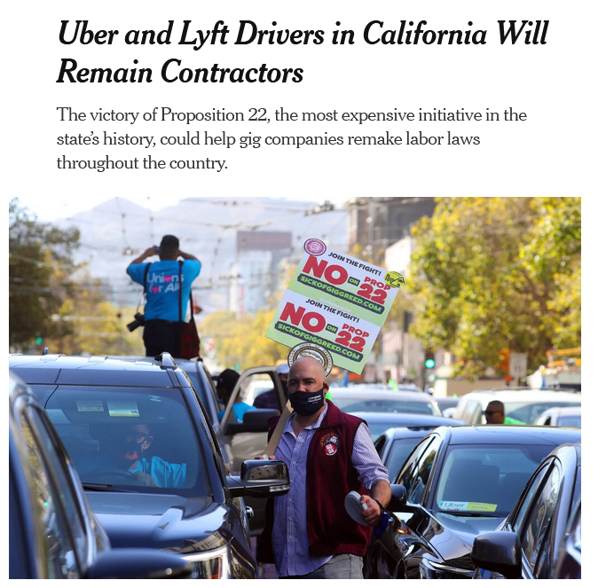 NYT: Uber and Lyft Drivers in California Will Remain Contractors