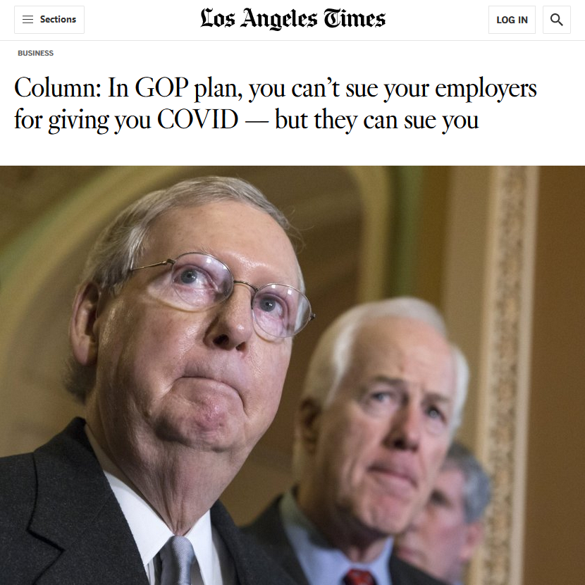 LA Times: In GOP plan, you can’t sue your employers for giving you COVID — but they can sue you 