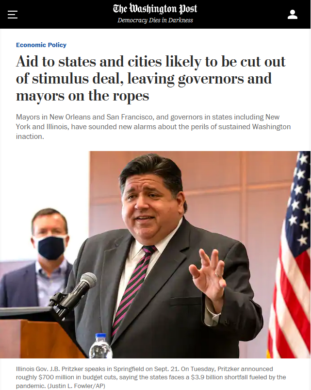 WaPo: Aid to states and cities likely to be cut out of stimulus deal, leaving governors and mayors on the ropes