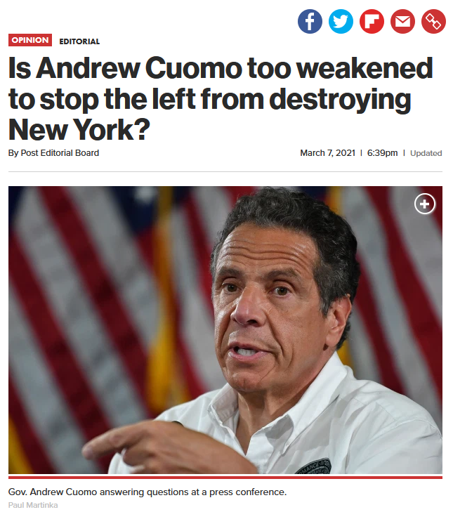 New York Post: Is Andrew Cuomo too weakened to stop the left from destroying New York?