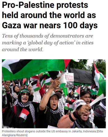 Al Jazeera: Pro-Palestine protests held around the world as Gaza war nears 100 days