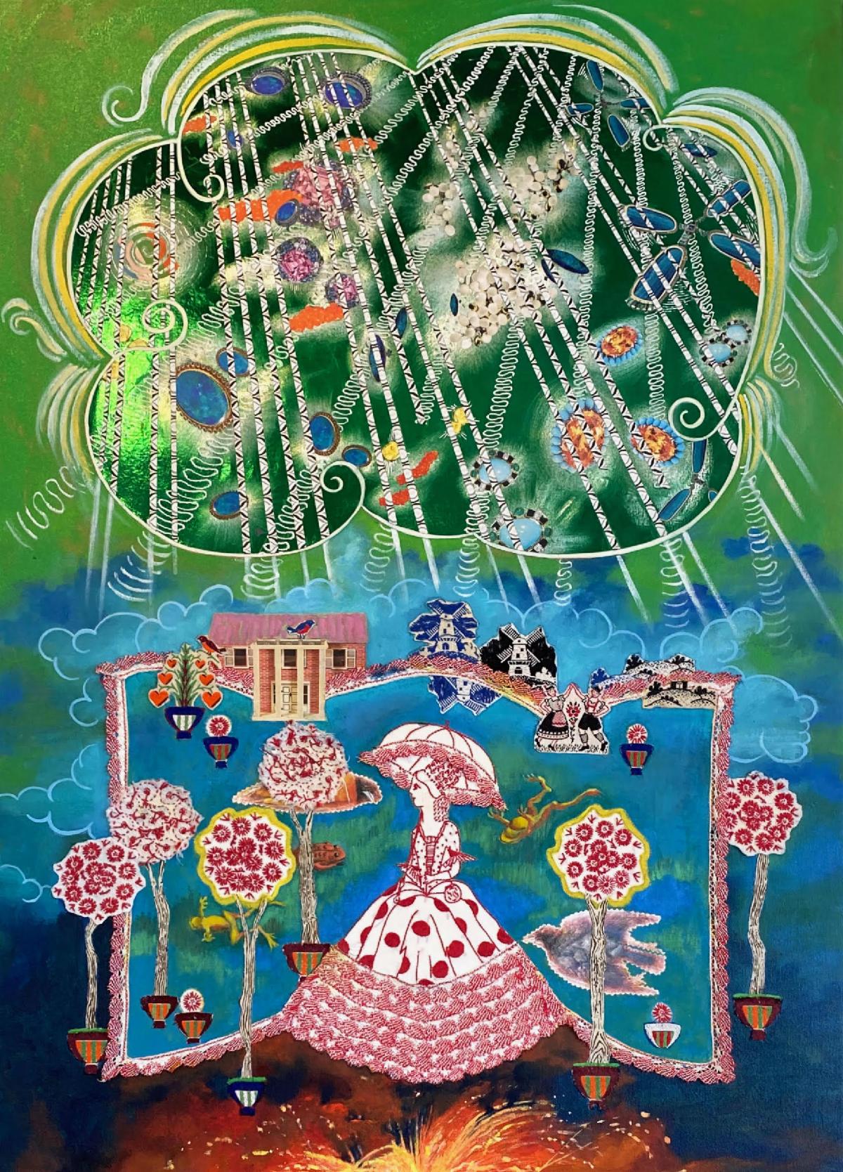 Colorful painting by Lydia Viscardi with a woman walking trees and sky