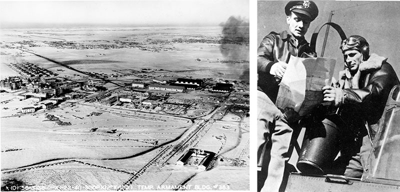 Overhead view of former Lowry Air Force Base and image of pilots reviewing plans