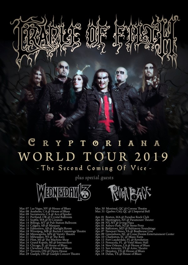 CRADLE OF FILTH Kicks Off Second Leg of North American "Cryptoriana" Tour in Two Months - Tickets Available Now!