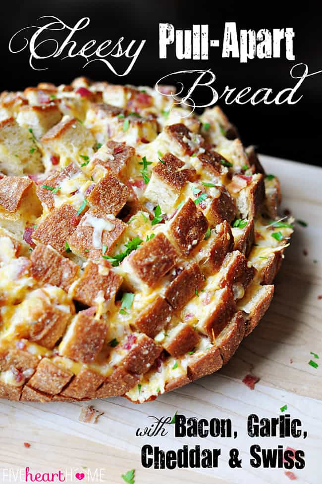 Cheesy Pull-Apart Bread with Bacon, Garlic, Cheddar and Swiss ~ the ultimate snack for your Super Bowl party! | FiveHeartHome.com