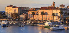 Ajaccio waterfront at sunrise, from the sea, Island of Corsica, Mediterranean, France, Mediterranean, Europe