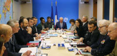 French President Emmanuel Macron, third right, chairs a meeting concerning the COVID-19 situation in France, Saturday, Feb. 29, 2020 at the Elysee Palace in Paris. (Jean-Claude Coutausse, Pool via AP)/PAR102/20060453009490/12345678/2002291337