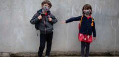 This illustration picture shows pupils wearing masks in Rennes, Brittany, France on April 28, 2020. Children are planned to resume school in France on May 11 after 6 weeks under lockdown due to Coronavirus Covid-19 pandemic. Photo by Vincent Feuray/ABC/Andia.fr