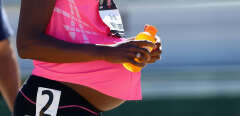 SACRAMENTO, CA - JUNE 26: A pregnant Alysia Montano is pictured after running in the opening round of the Women's 800 Meter on day 2 of the USATF Outdoor Championships at Hornet Stadium on June 26, 2014 in Sacramento, California.   Andy Lyons/Getty Images/AFP (Photo by ANDY LYONS / GETTY IMAGES NORTH AMERICA / Getty Images via AFP)
