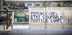 Collages: "Feminicides guilty state and accomplice justice" on the tram station located at Porte de Clichy in the 17th arrondissement of Paris. Gluing to denounce feminicides, initiated by Marguerite Stern, french feminist activist. In France, more than 100 women are killed each year by their spouses or partners. Throughout France, inscriptions line up along the streets, on the walls, to honour the memory of women victims of domestic violence. Paris, France, November, 09 2019.
Collages "Feminicides etat coupable justice complice" sur la station de tramway situee Porte de Clichy dans le 17e arrondissement de Paris, pour alerter sur les feminicides, mouvement initie par Marguerite Stern, militante feministe francaise. En France, plus de 100 femmes sont tuees chaque annee par leur conjoint ou compagnon. A travers toute la France, les inscriptions s'alignent au fil des rues, sur les murs, afin d'honorer la memoire des femmes victimes des violences conjugales. Paris, France, 09 Novembre 2019. (Photo by Amaury Cornu / Hans Lucas / Hans Lucas via AFP)