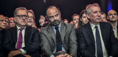 French Prime Minister Edouard Philippe (C) flanked by President of National Assembly Richard Ferrand (L) and President of Modem Francois Bayrou (R) attend the launch of the La Republique En Marche (LREM) campaign for the upcoming European elections on March 30, 2019, in Aubervilliers, outside Paris. (Photo by STEPHANE DE SAKUTIN / AFP)