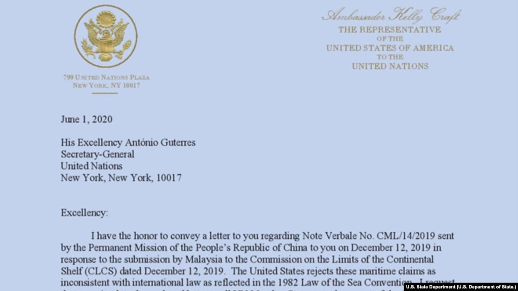 Thư Đại sứ Mỹ tại LHQ gửi cho Tổng Thư Ký LHQ về công hàm phản đối yêu sách chủ quyền của Trung Quốc ở Biển Đông.