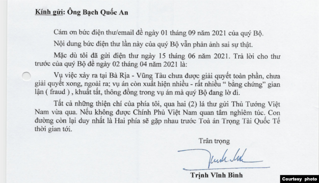 Thư trả lời của Vụ trưởng Bạch Quốc An, Bộ Tư pháp Việt Nam, vào ngày 1/9/2021 cho yêu cầu bồi thường tài sản của ông Trịnh Vĩnh Bình.