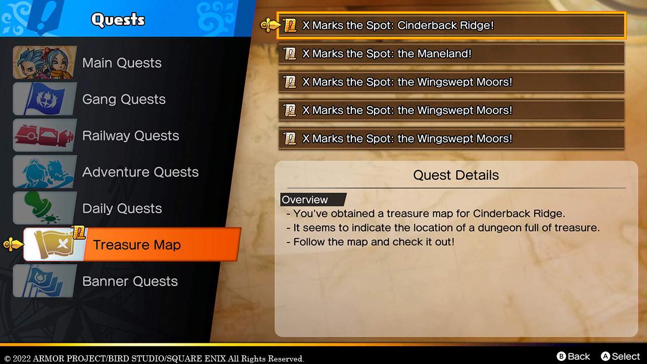 Quests screen in DRAGON QUEST TREASURES