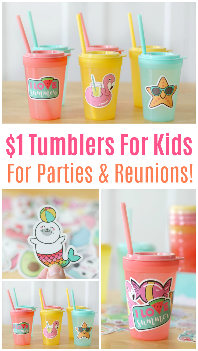 No more writing names on Solo cups, these tumblers for kids are inexpensive and fun to decorate with water bottle stickers. Perfect for parties and family reunions!