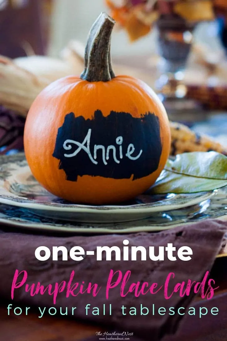 Quick and easy fall decorating idea, and perfect for a fall tablescape. Make these one-minute popular pumpkin place cards! #easypumpkincraft #nocarvepumpkinideas #chalkboardpumpkins #paintedpumpkin #pumpkinideasforfall #easyfalldecoratingideas