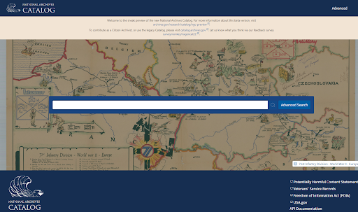Screen capture of the homepage of the new National Archives Catalog. An image of a record shows in the background, with the search bar in the middle