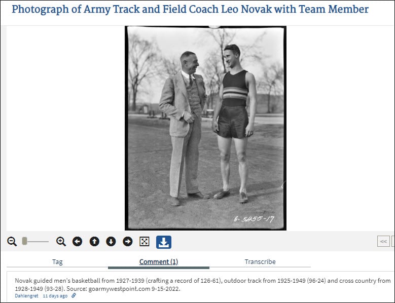 Image from the Catalog showing a black and white photograph of a track and field coach with a team member. A user contributed comment is featured that identifies the coaches accomplishments.