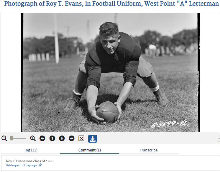 Image from the Catalog of a black and white photograph of a football player crouched on the ground holding a football. A user contributed comment identifies the player as Roy T. Evans, class of 1958.