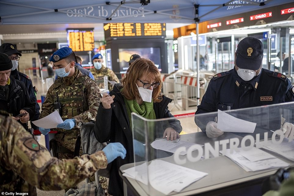 People wearing face masks being checked by the Italian Army and Italian Police at the Termini Central train Station in Rome during the coronavirus emergency