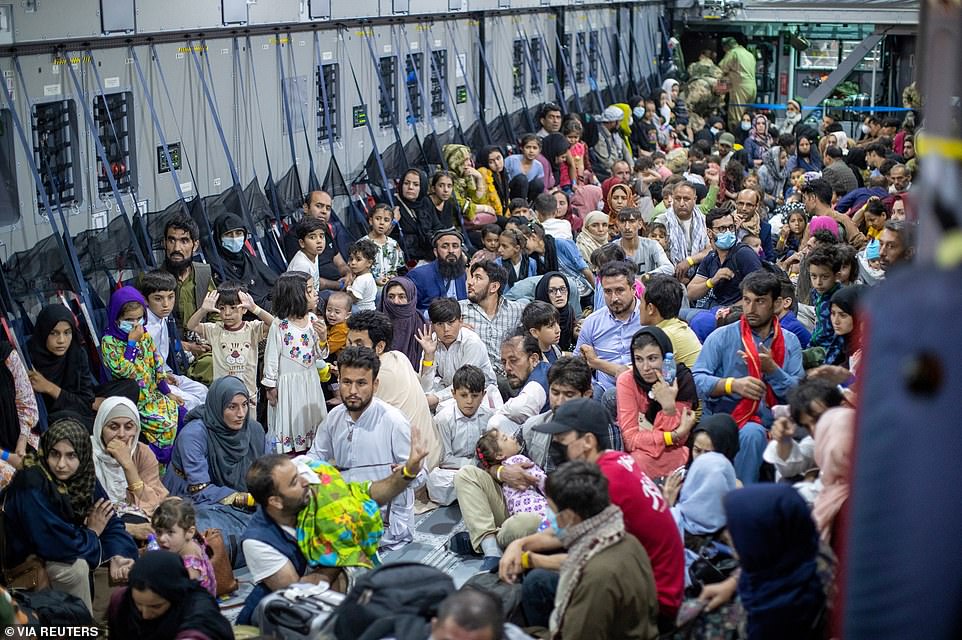 There are fears that the 1,000 UK troops taking part in Britain's rescue operation will have to pull out when America's remaining group of 6,000 leave, due to a lack of air support. Pictured: Evacuees from Afghanistan as they arrive in an Airbus A400 transport aircraft of the German Air Force Luftwaffe in Tashkent, Uzbekista