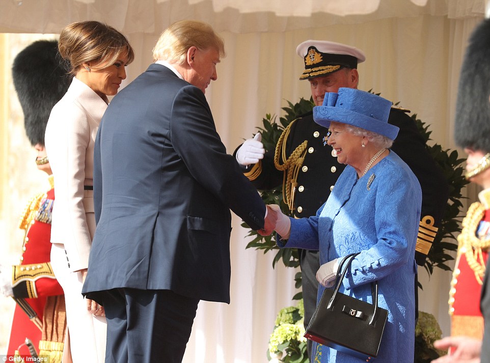 Queen Elizabeth II greets President of the United States, Donald Trump and First Lady, Melania Trump at Windsor Castle after the US national anthem was played 