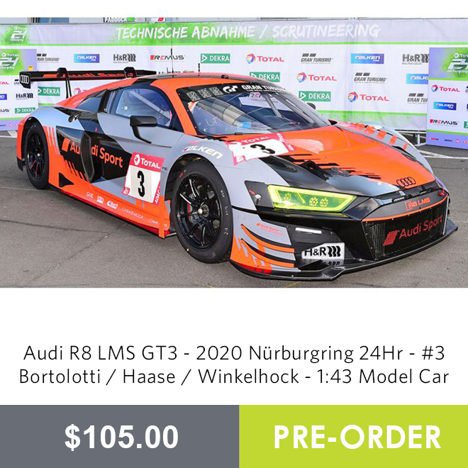 Audi R8 LMS GT3 - 2020 Nürburgring 24Hr - #3 Bortolotti / Haase / Winkelhock - 1:43 Model Car - Pre Order