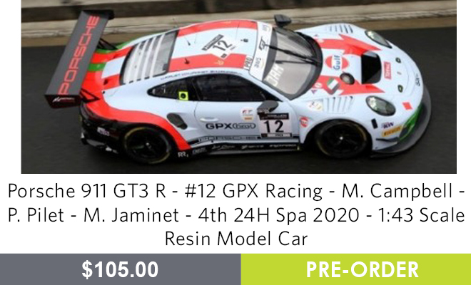 Porsche 911 GT3 R - #12 GPX Racing - M. Campbell - P. Pilet - M. Jaminet - 4th 24H Spa 2020 - 1:43 Scale Resin Model Car - Pre Order