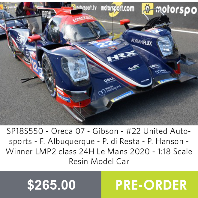 SP18S550 - Oreca 07 - Gibson - #22 United Autosports - F. Albuquerque - P. di Resta - P. Hanson - Winner LMP2 class 24H Le Mans 2020 - 1:18 Scale Resin Model Car