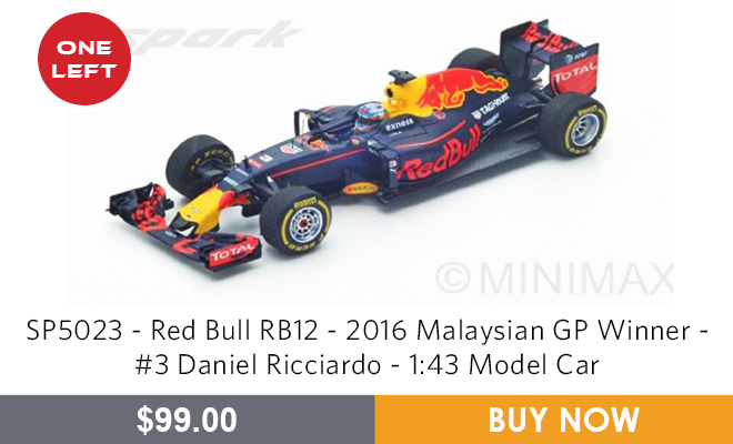 SP5023 - Red Bull RB12 - 2016 Malaysian GP Winner - #3 Daniel Ricciardo - 1:43 Model Car