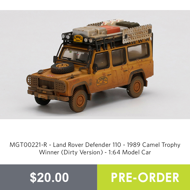 MGT00221-R - Land Rover Defender 110 - 1989 Camel Trophy Winner (Dirty Version) - 1:64 Model Car