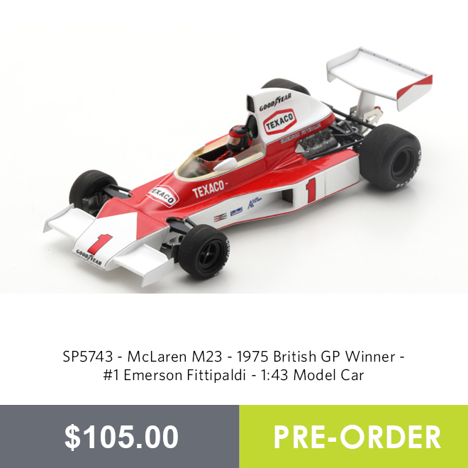 SP5743 - McLaren M23 - 1975 British GP Winner - #1 Emerson Fittipaldi - 1:43 Model Car