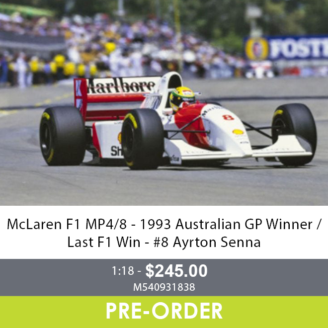 McLaren MP4/8 - 1993 Australian GP Winner / Last F1 Win - #8 Ayrton Senna - 1:18 Diecast Model Car