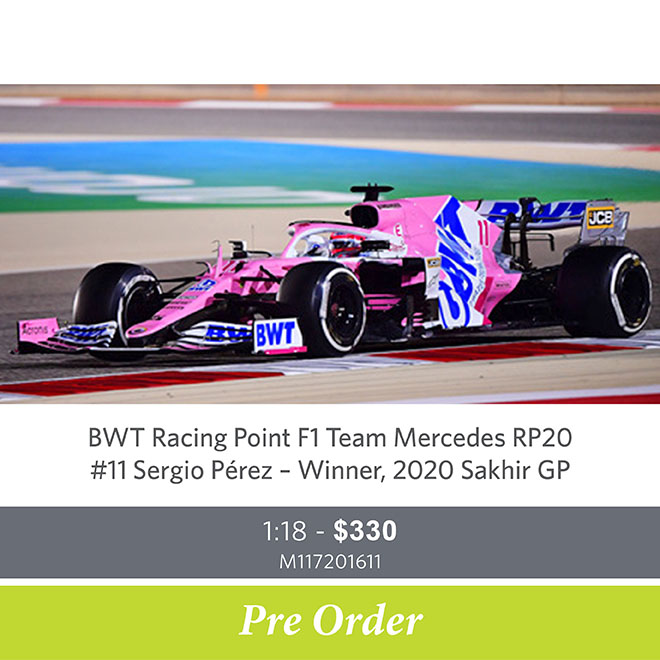 BWT Racing Point F1 Team Mercedes RP20 - #11 Sergio Pérez – Winner, 2020 Sakhir GP - 1:18 - Pre-Order Now