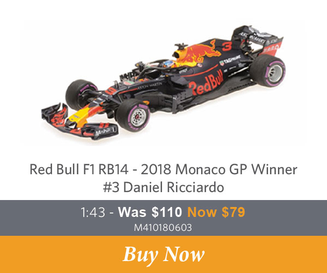M410180603 – Red Bull F1 RB14 - 2018 Monaco GP Winner - #3 Daniel Ricciardo - 1:43 Model Car - Shop Now