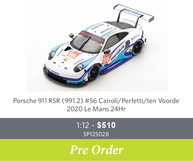 Porsche 911 RSR (991.2) #56 Cairoli / Perfetti / ten Voorde 2020 Le Mans 24Hr 1:12 - $510 SP12S028 - Pre Order